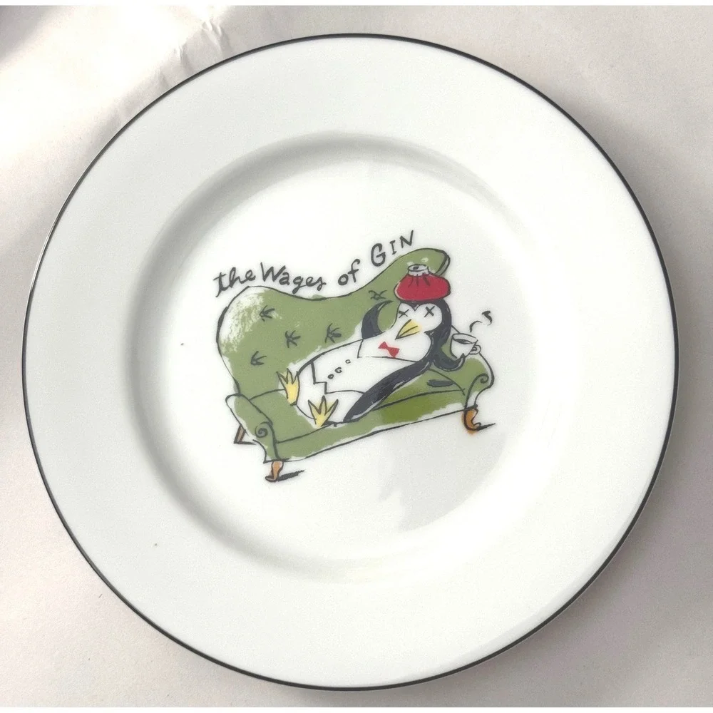 Vintage Pottery Barn Tipsy Penguins Plates Set of 7 Cocktail Dessert Japan